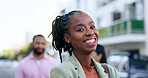 Happy black woman, portrait and smile in city for leadership, career ambition or outdoor meeting. Face of African female person or employee in teamwork, team social or networking in an urban town