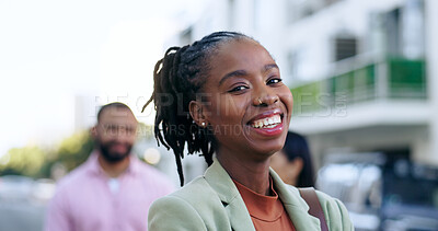 Buy stock photo Happy black woman, portrait and smile in city for leadership, career ambition or outdoor meeting. Face of African female person or employee in teamwork, team social or networking in an urban town