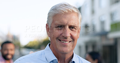 Buy stock photo Business, travel and portrait of senior man in a city street with confidence, smile or positive mindset. Worker, face and elderly executive excited for international, trip or urban town opportunity