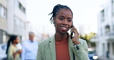 Buy stock photo Happy black woman, phone call and city for business, conversation or outdoor communication. Face of African female person or employee talking on mobile smartphone for discussion in an urban town