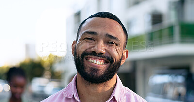 Buy stock photo Brazil, travel and happy portrait of man in city, town or smile for vacation in summer. Holiday, trip and person on street in Rio de Janeiro with happiness on face for business trip or adventure