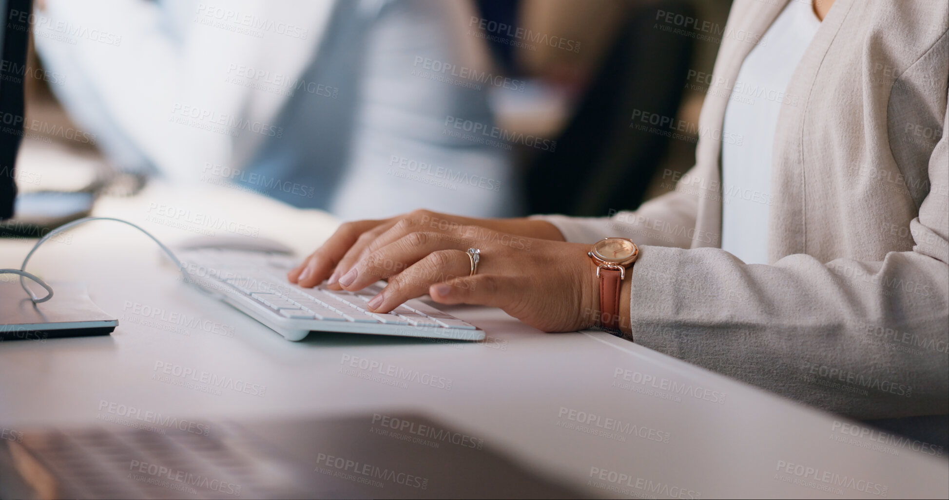 Buy stock photo Business woman, hands and typing on keyboard at night for project deadline, communication or networking at office. Closeup of female person, typist or journalist working late on computer at workplace