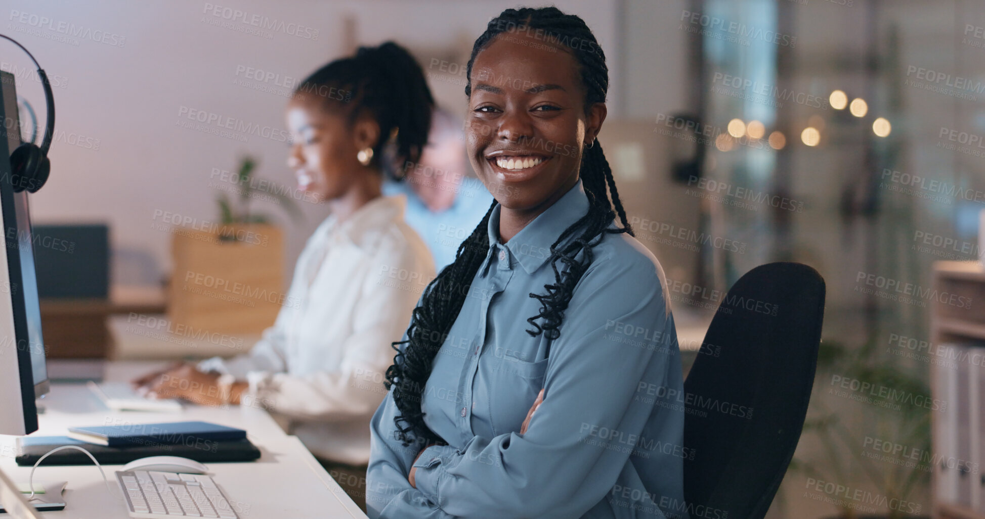 Buy stock photo Happy black woman, portrait and call center at night for customer service, support or telemarketing at office. African female person or consultant agent smile, working late or help for online advice