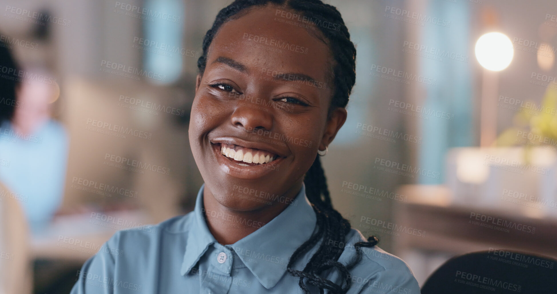 Buy stock photo Night, business and portrait of happy black woman in office with confidence, smile or positive attitude. Working late, inspiration or face of African female lawyer in coworking space at startup