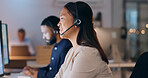 Business woman, call center and night communication, customer service or e commerce support on computer. Professional consultant or Asian agent for web solution, questions and happy chat in workspace