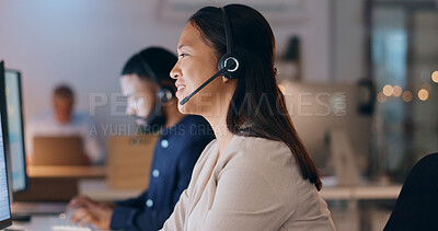 Business woman, call center and night communication, customer service or e commerce support on computer. Professional consultant or Asian agent for web solution, questions and happy chat in workspace