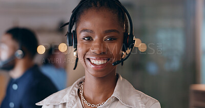 Buy stock photo Portrait, smile and black woman at call center on headphones for crm support on bokeh at night. Face, happy sales agent and telemarketing consultant, customer service professional or worker in office