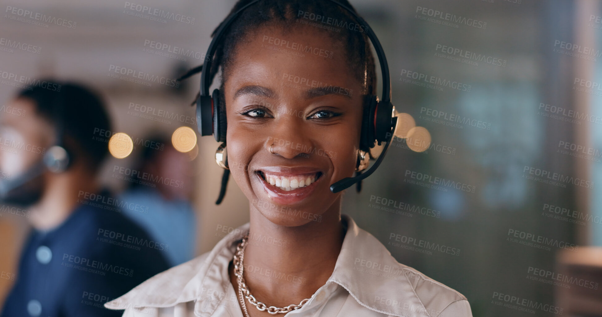 Buy stock photo Portrait, smile and black woman at call center on headphones for crm support on bokeh at night. Face, happy sales agent and telemarketing consultant, customer service professional or worker in office