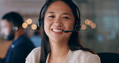 Business woman, portrait and call center, night communication or consultant support for customer service. Happy, face and professional agent or asian advisor for solution, help desk and virtual chat