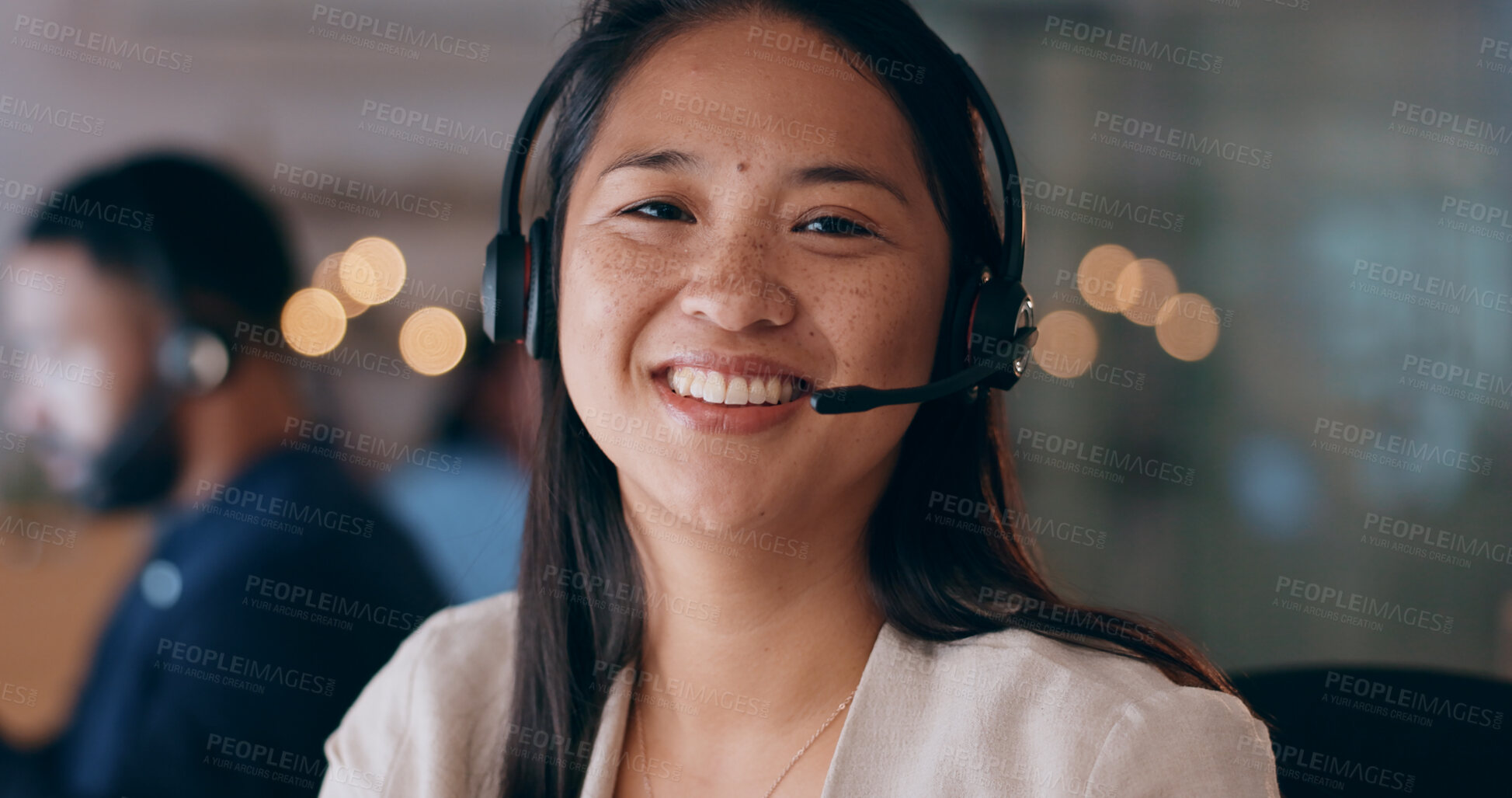 Buy stock photo Business woman, portrait and call center, night communication or consultant support for customer service. Happy, face and professional agent or asian advisor for solution, help desk and virtual chat