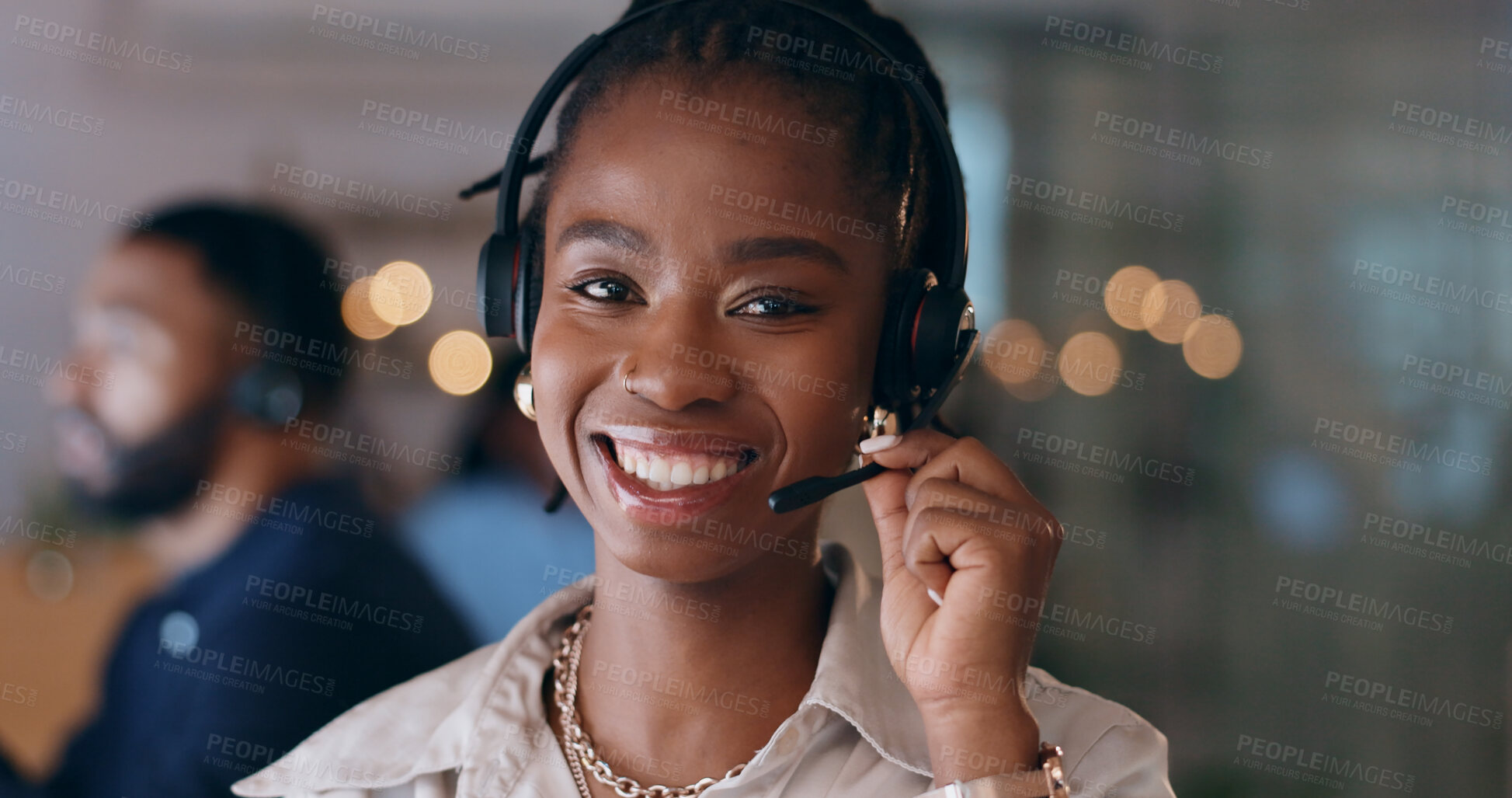 Buy stock photo Portrait, happy and black woman at call center on headphones for crm support on bokeh at night. Face, sales agent smile and telemarketing consultant, customer service professional or worker in office