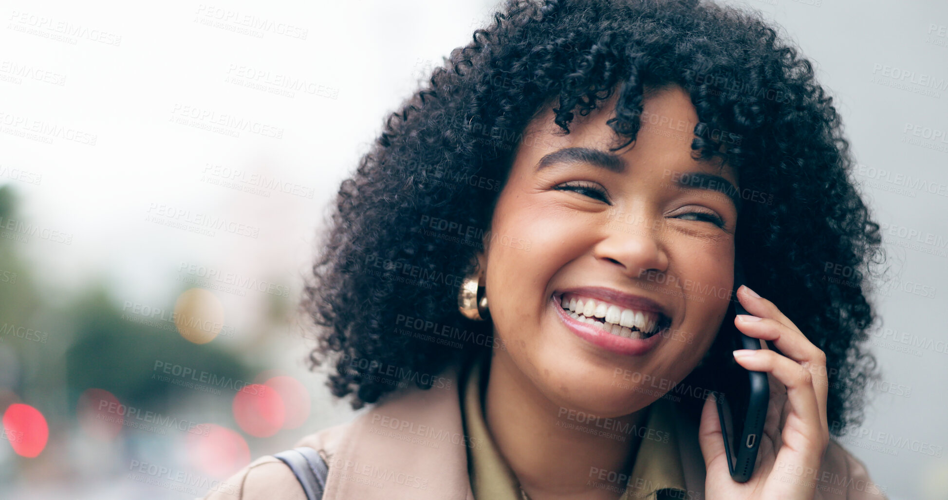 Buy stock photo City, laughing or happy businesswoman on a phone call talking, networking or speaking of funny joke. Smile, mobile communication or biracial entrepreneur in conversation for a negotiation or deal