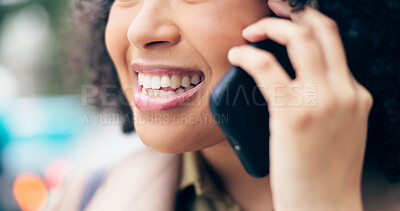 Closeup, mouth and a woman on a phone call for communication, conversation or a chat in the city. Happy, contact and face and teeth of a girl speaking on a mobile for connection, discussion or a talk