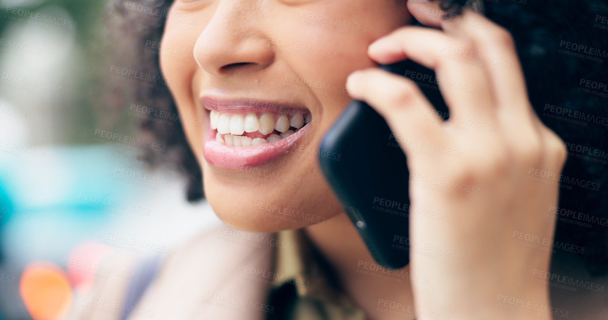 Buy stock photo Closeup, mouth and a woman on a phone call for communication, conversation or a chat in the city. Happy, contact and face and teeth of a girl speaking on a mobile for connection, discussion or a talk