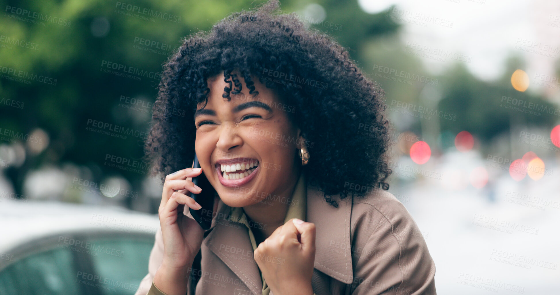 Buy stock photo Phone call, excited or woman in celebration in city for good news, achievement or winning a competition. Wow, winner or happy worker cheering for success, bonus or reward in urban street or CBD 