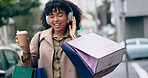 Headphones, shopping bag or happy woman in city for boutique retail sale, or clothes discount deal. Coffee, financial freedom or rich customer walking on street streaming radio music with fashion