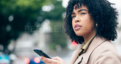 Buy stock photo Woman, thinking or smartphone in city as professional worker, search and network with working in brazil. Business person, entrepreneur or trendy style with cellphone, technology or question on road