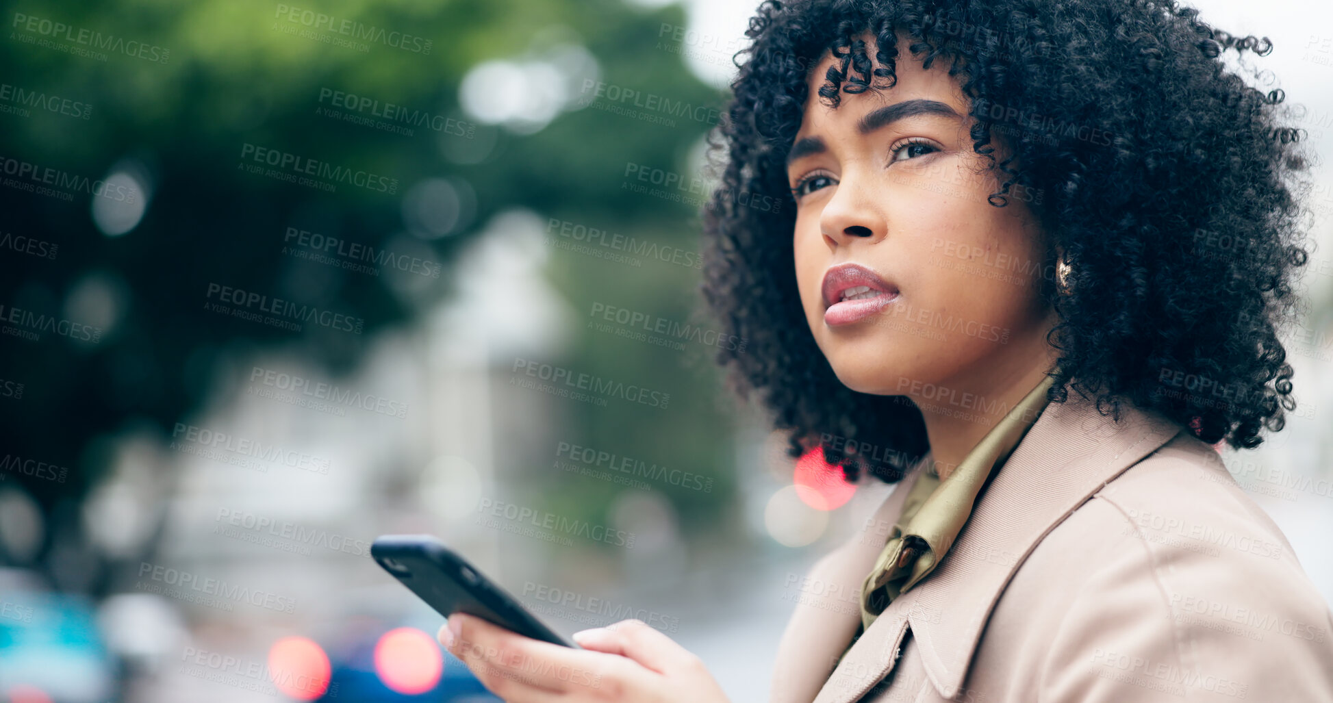 Buy stock photo Woman, thinking or smartphone in city as professional worker, search and network with working in brazil. Business person, entrepreneur or trendy style with cellphone, technology or question on road