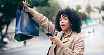 Woman, call or wave with hand for taxi by holding phone with shopping bag on street for travel. African person, manager and late for meeting, appointment or  work in city with transportation commute