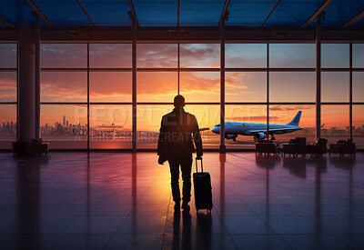 Silhouette of traveller walking to window in airport. Plane in background. Travel concept.