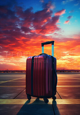 Buy stock photo Suitcase on airport runway. Lost or forgotten luggage. Sunset, golden hour. Travel concept.