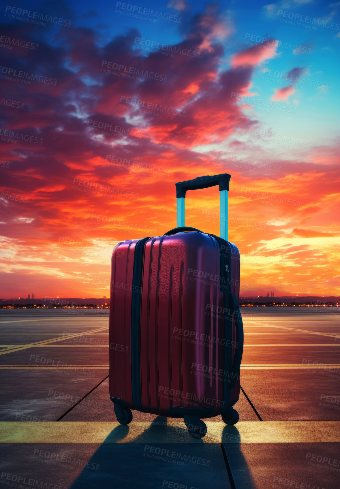 Buy stock photo Suitcase on airport runway. Lost or forgotten luggage. Sunset, golden hour. Travel concept.