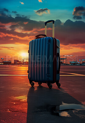 Buy stock photo Suitcase on airport runway. Lost or forgotten luggage. Sunset, golden hour. Travel concept.