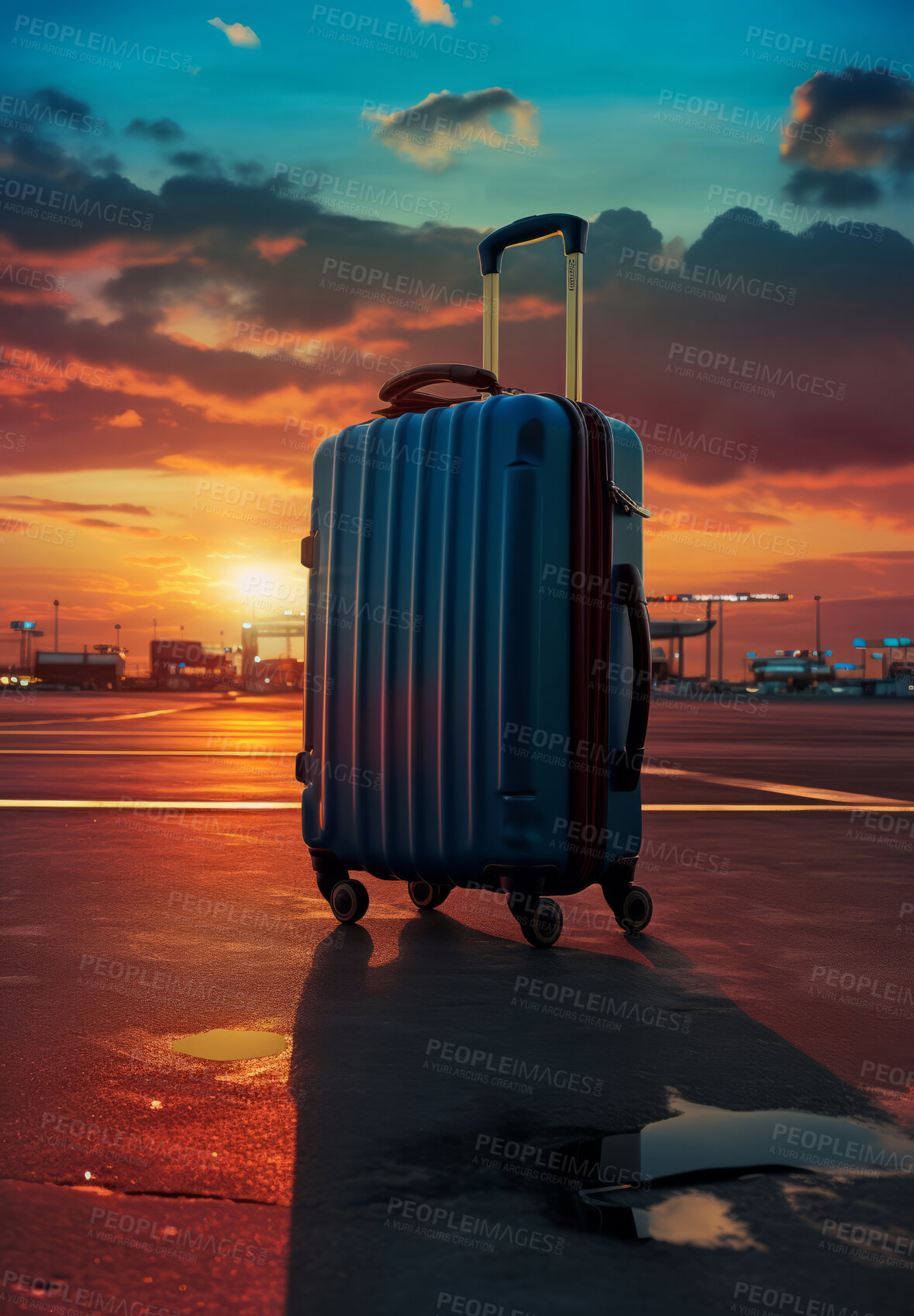 Buy stock photo Suitcase on airport runway. Lost or forgotten luggage. Sunset, golden hour. Travel concept.