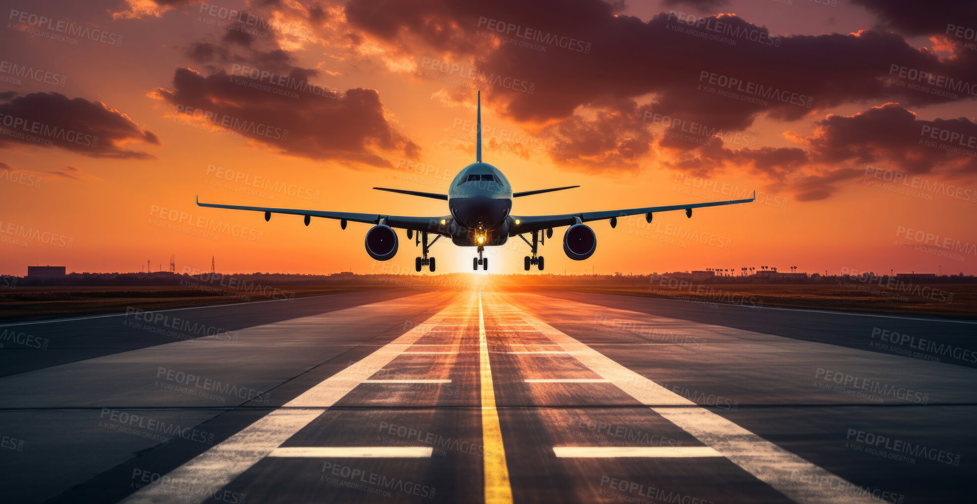 Buy stock photo Passenger plane seen taking off during sunset. Travel concept.