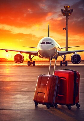 Buy stock photo Suitcases on airport runway. Lost or forgotten luggage. Plane in background. Travel concept.