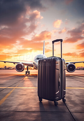 Buy stock photo Suitcase on airport runway. Lost or forgotten luggage. Plane in background. Travel concept.