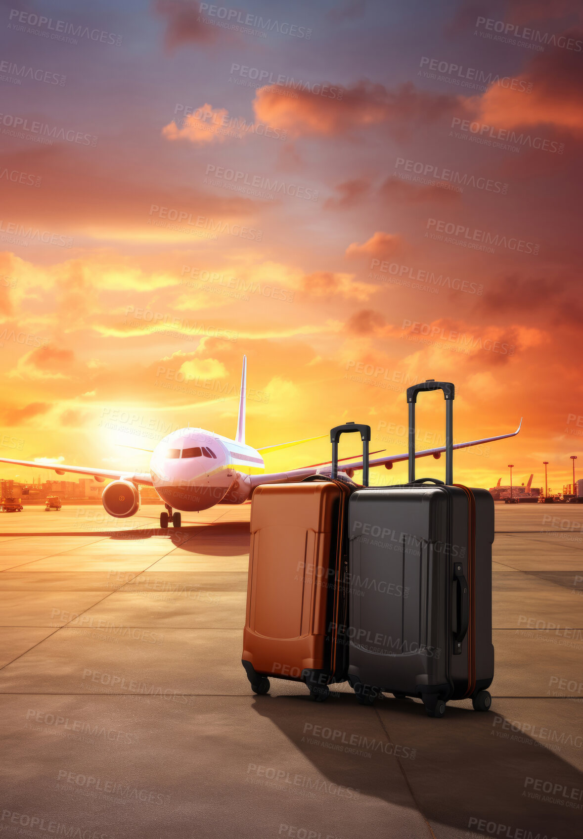 Buy stock photo Suitcases on airport runway. Lost or forgotten luggage. Travel concept.