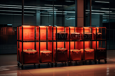 Buy stock photo Suitcases in a rack in airport . Next window in hallway. Travel concept.