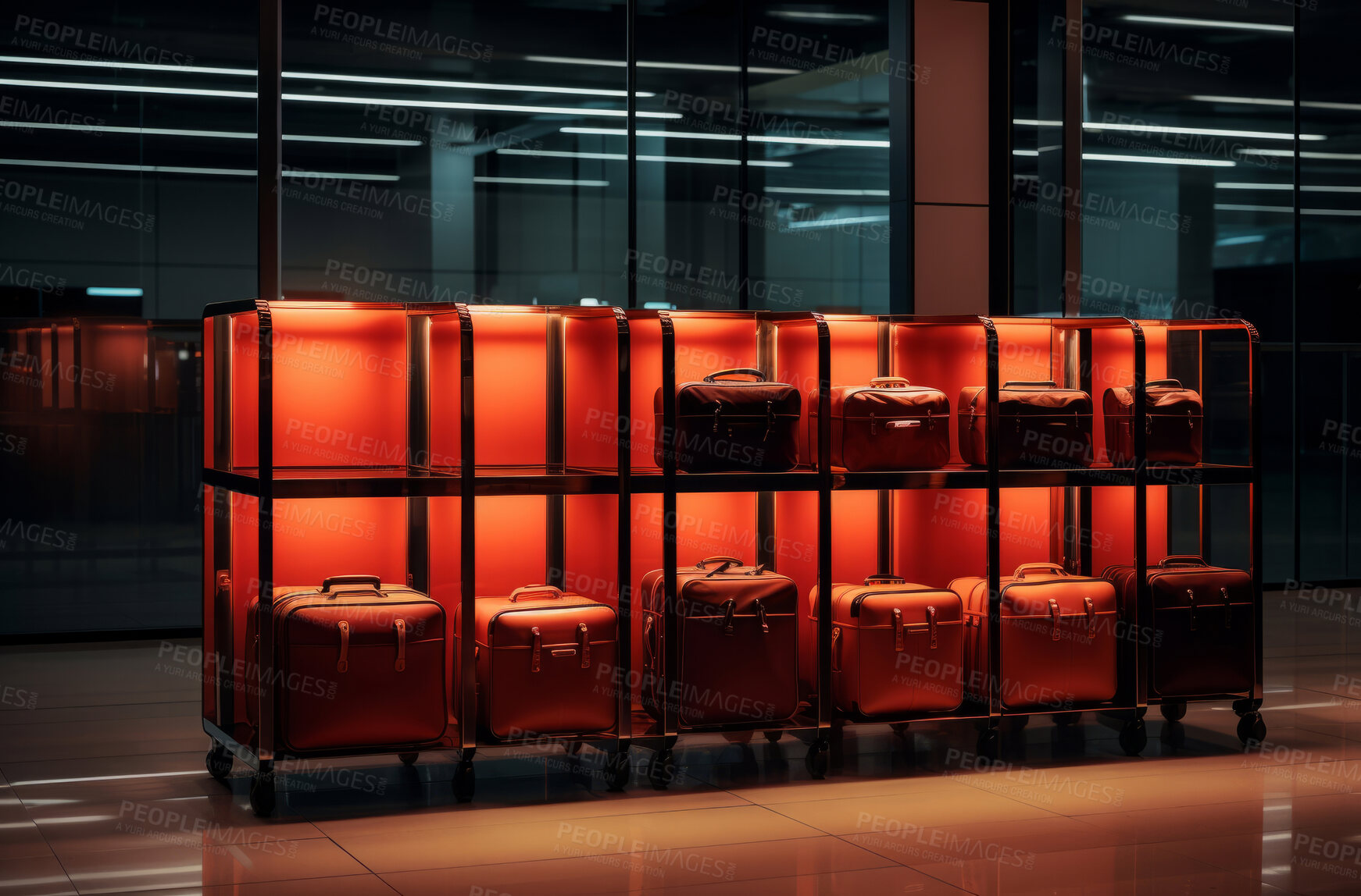 Buy stock photo Suitcases in a rack in airport . Next window in hallway. Travel concept.