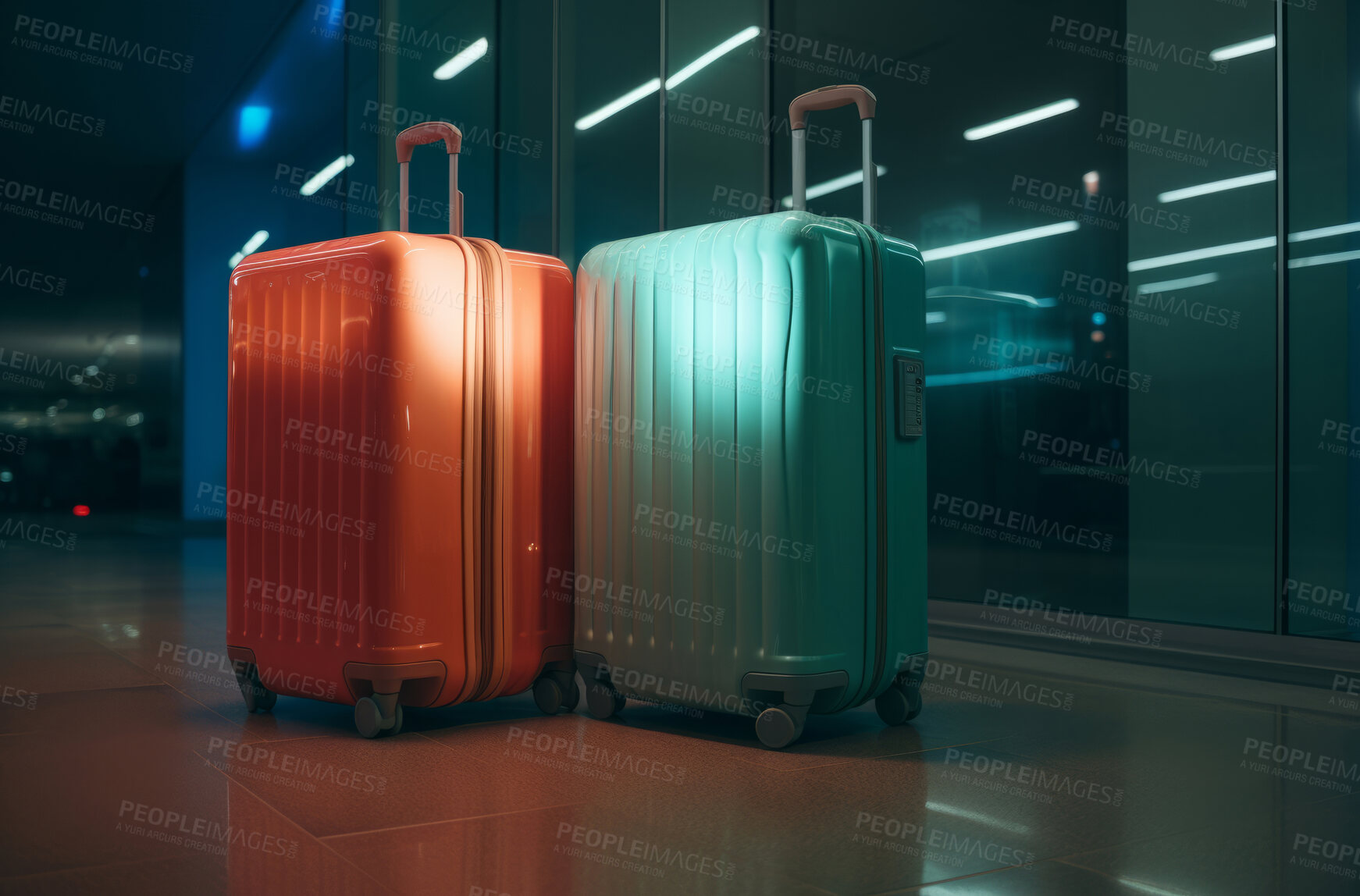 Buy stock photo Two suitcases in the airport departure. Lost luggage. Travel concept.