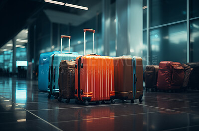 Suitcases in the airport departure. Lost luggage. Travel concept.