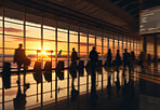 Silhouette of tourist near window in airport. Planes in background. Sunset. Travel concept.