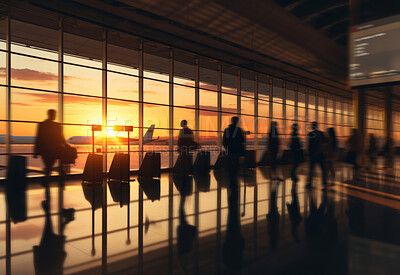 Silhouette of tourist near window in airport. Planes in background. Sunset. Travel concept.