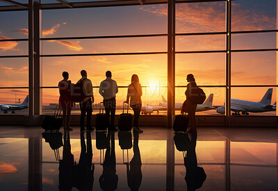 Buy stock photo Silhouette of tourist near window in airport. Planes in background. Sunset. Travel concept.