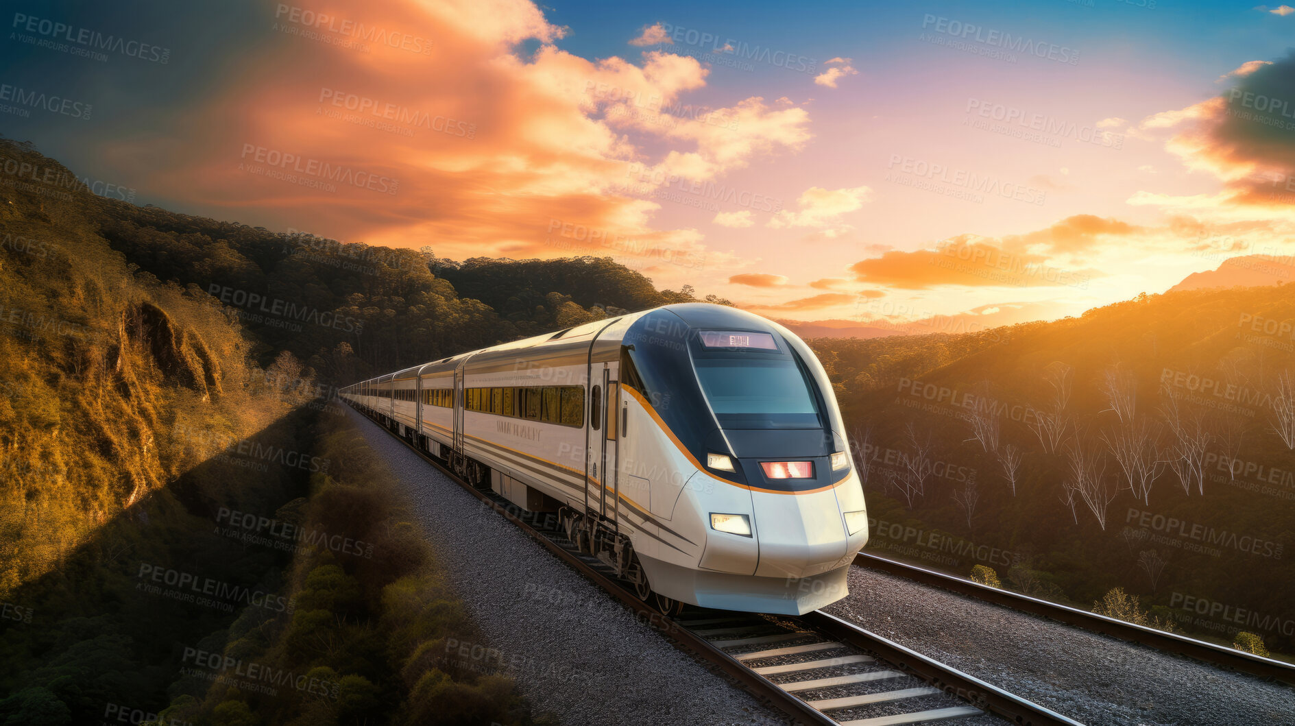 Buy stock photo Passenger train seen travelling through countryside at sunset. Beautiful nature. Travel concept.