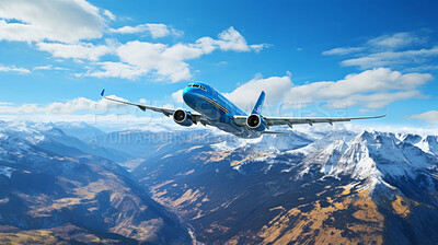 Buy stock photo Passenger plane seen flying over mountain peaks. Travel concept.