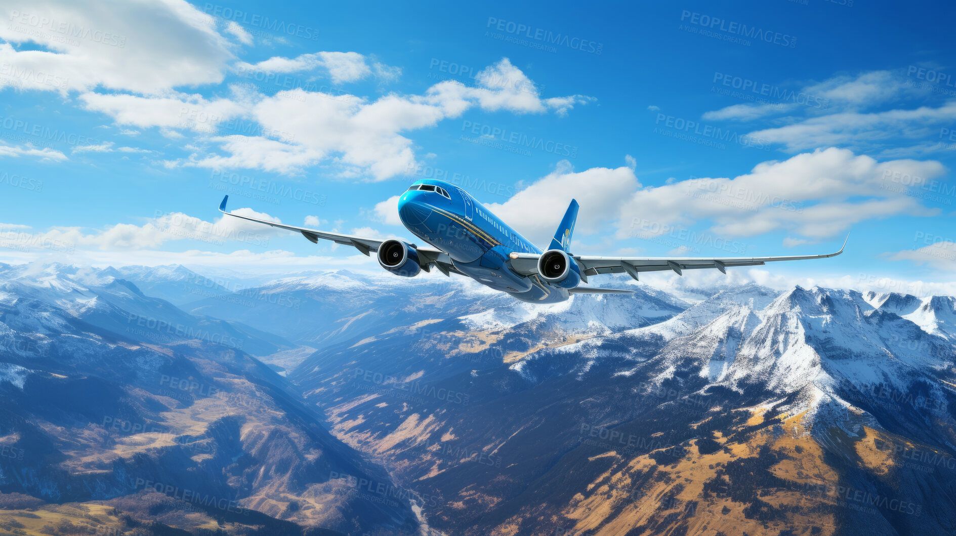 Buy stock photo Passenger plane seen flying over mountain peaks. Travel concept.