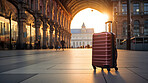 Suitcase in beautiful european city. Lost or forgotten. Travel concept.