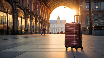 Buy stock photo Suitcase in beautiful european city. Lost or forgotten. Travel concept.