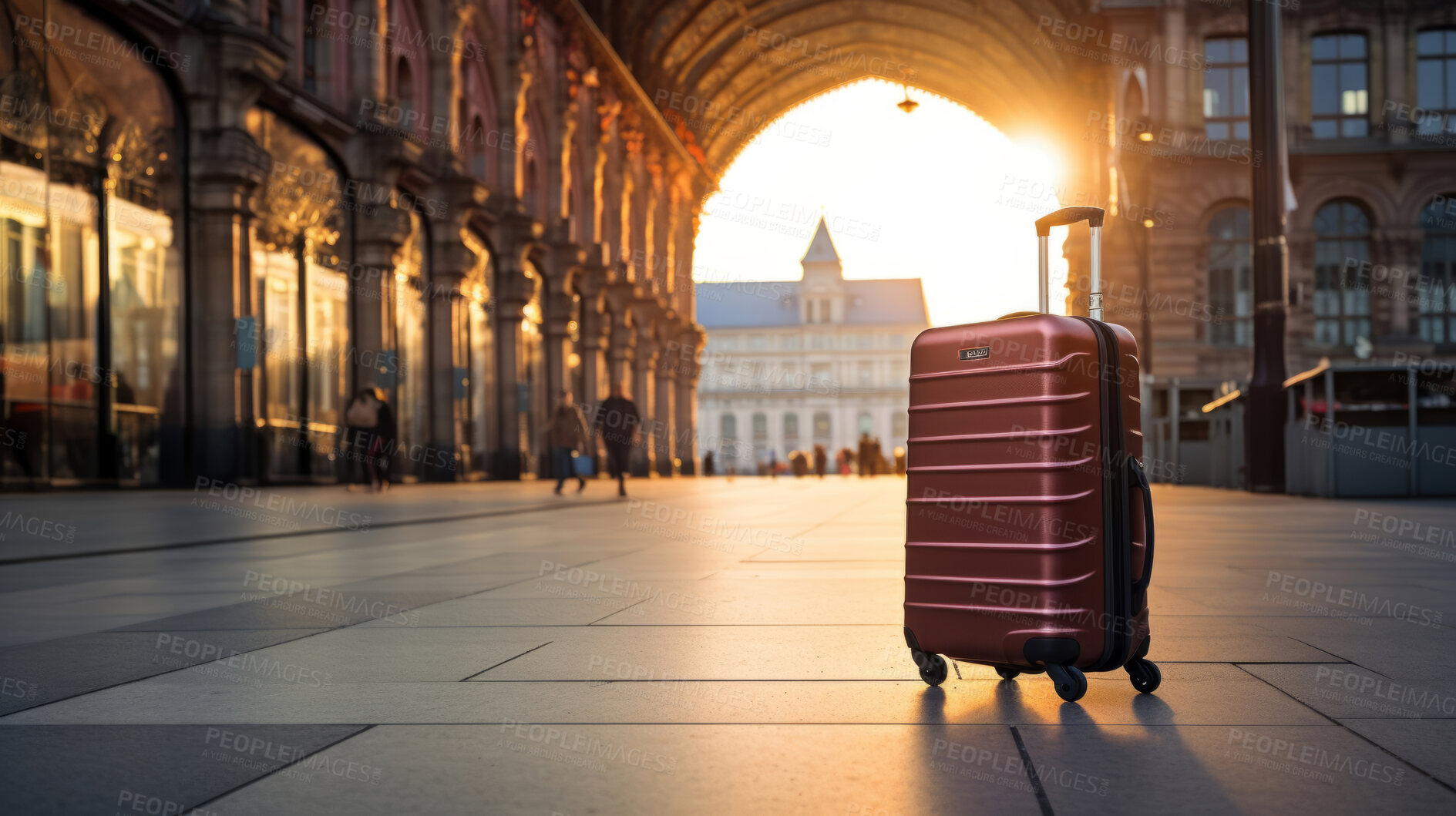 Buy stock photo Suitcase in beautiful european city. Lost or forgotten. Travel concept.