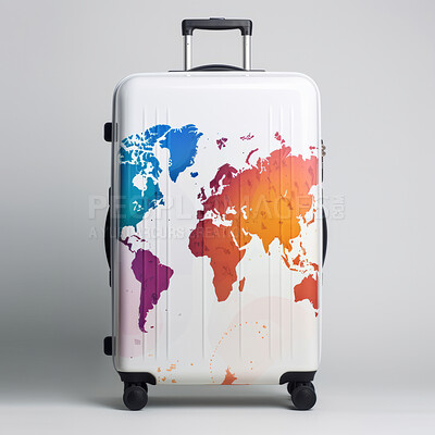Buy stock photo Studio shot of trendy suitcase. World map print. Clear background. Travel concept.