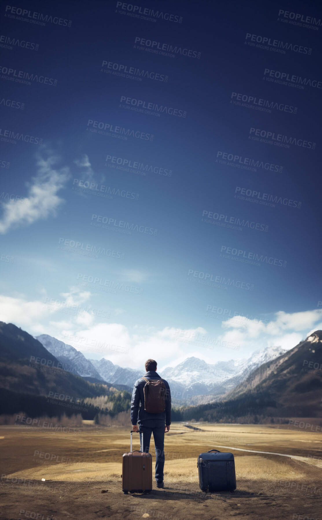 Buy stock photo Silhouette of traveller standing in the middle of nowhere with luggage.Travel concept.
