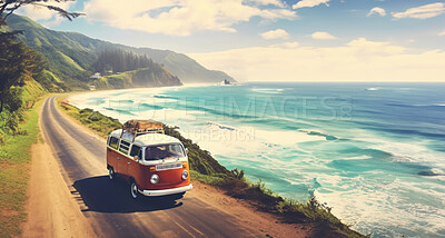 Buy stock photo Minibus seen travelling on beach road. Travel concept.