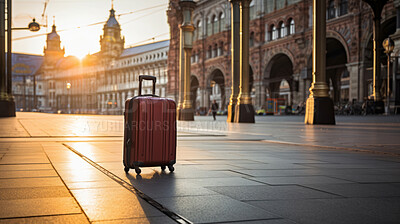 Buy stock photo Suitcase in beautiful european city. Lost or forgotten. Travel concept.Suitcase in beautiful european city. Lost or forgotten. Travel concept.