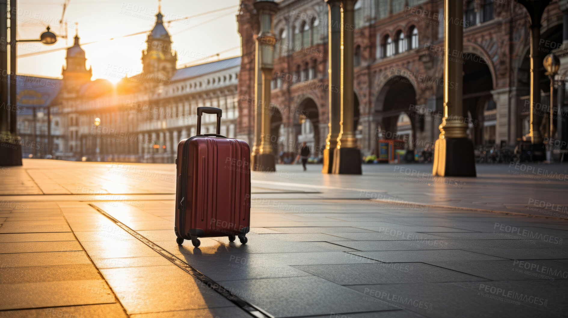 Buy stock photo Suitcase in beautiful european city. Lost or forgotten. Travel concept.Suitcase in beautiful european city. Lost or forgotten. Travel concept.